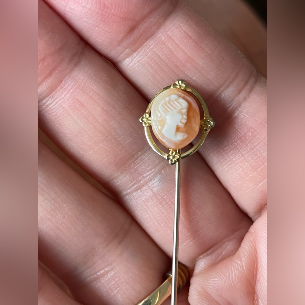 Vintage Hand Carved Shell Gold tone Cameo Stick Pin
